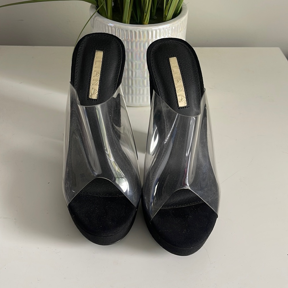 Black and clear platform mules, never worn brand new
